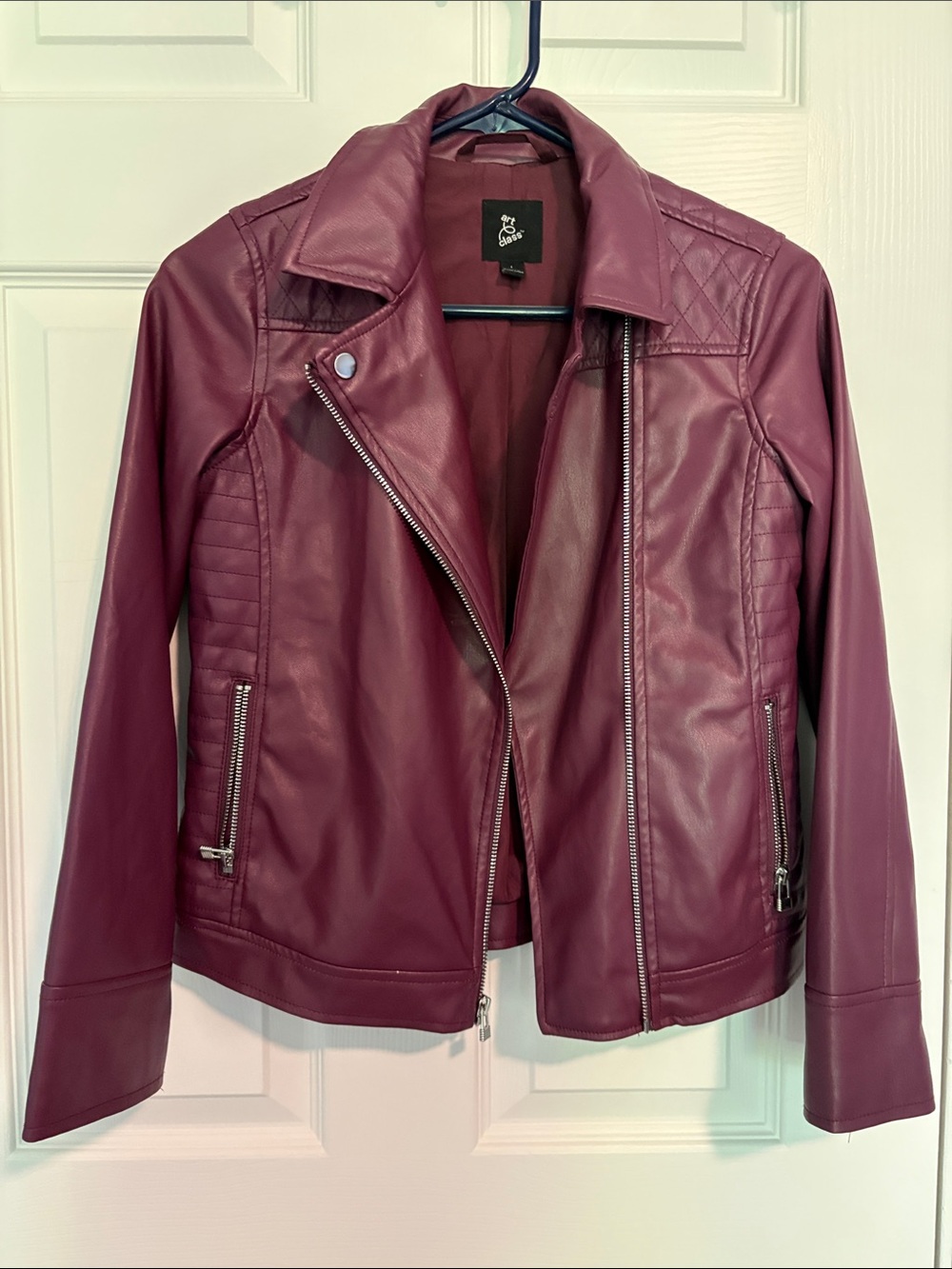 art class Plum Faux Leather Moto Jacket with Quilted Shoulders